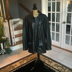 Handsome black leather 3/4 length London Fog coat.